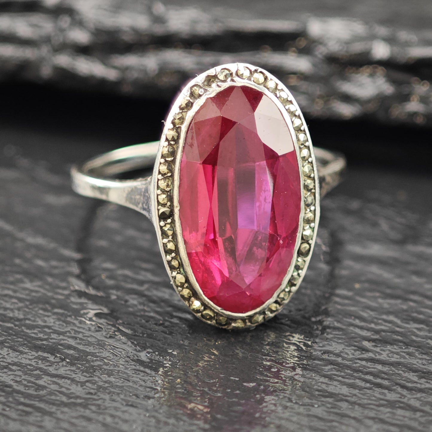 Art Deco Style Lab Ruby Ring Sterling Silver Sz 7 R6186