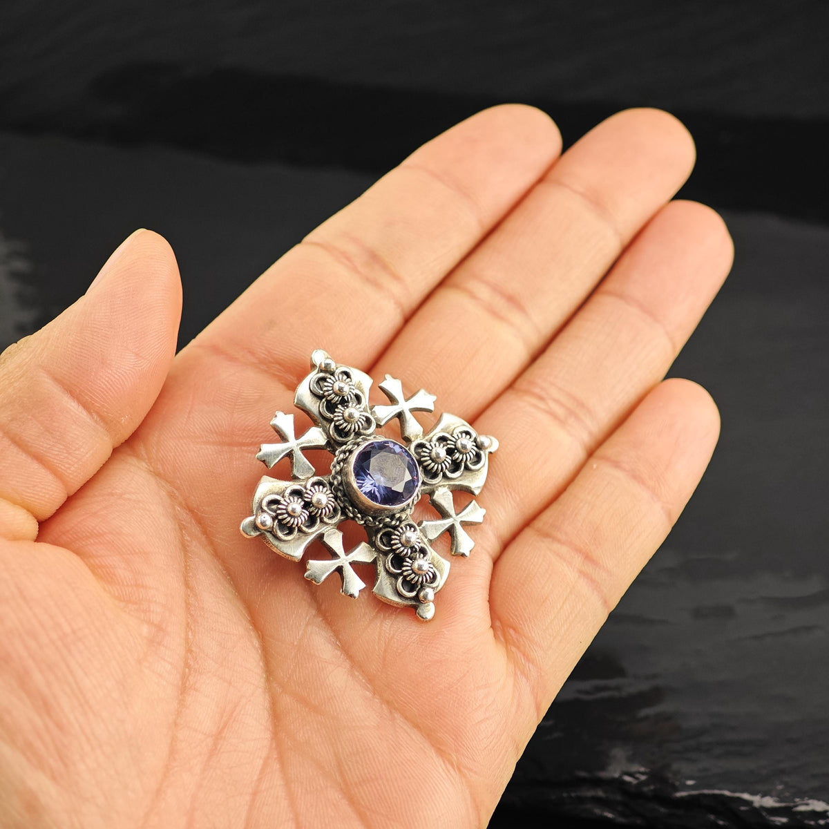 Color Change Corundum Jerusalem Cross 900 Silver Pendant/Brooch P3131