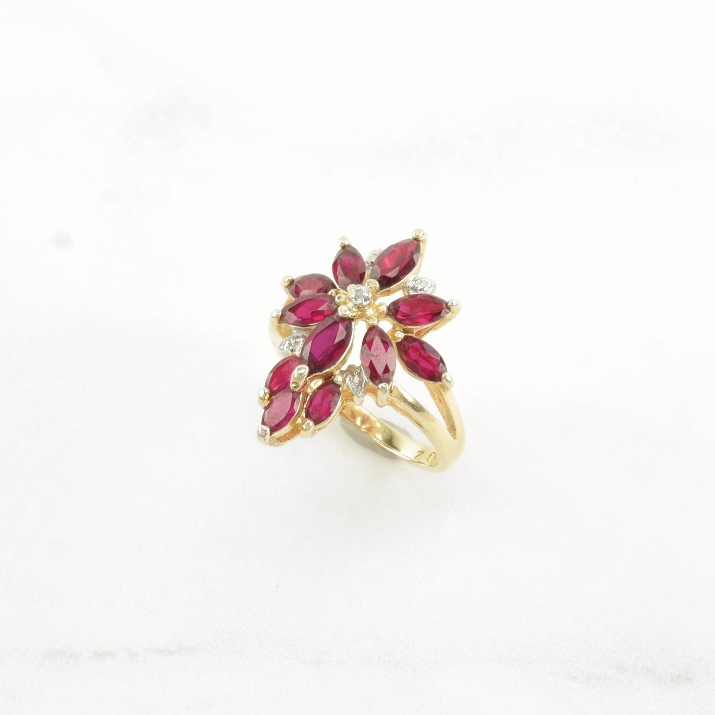 Sterling Silver Ring Lab Ruby, Diamond Chip Cluster Pink Size 6 3/4