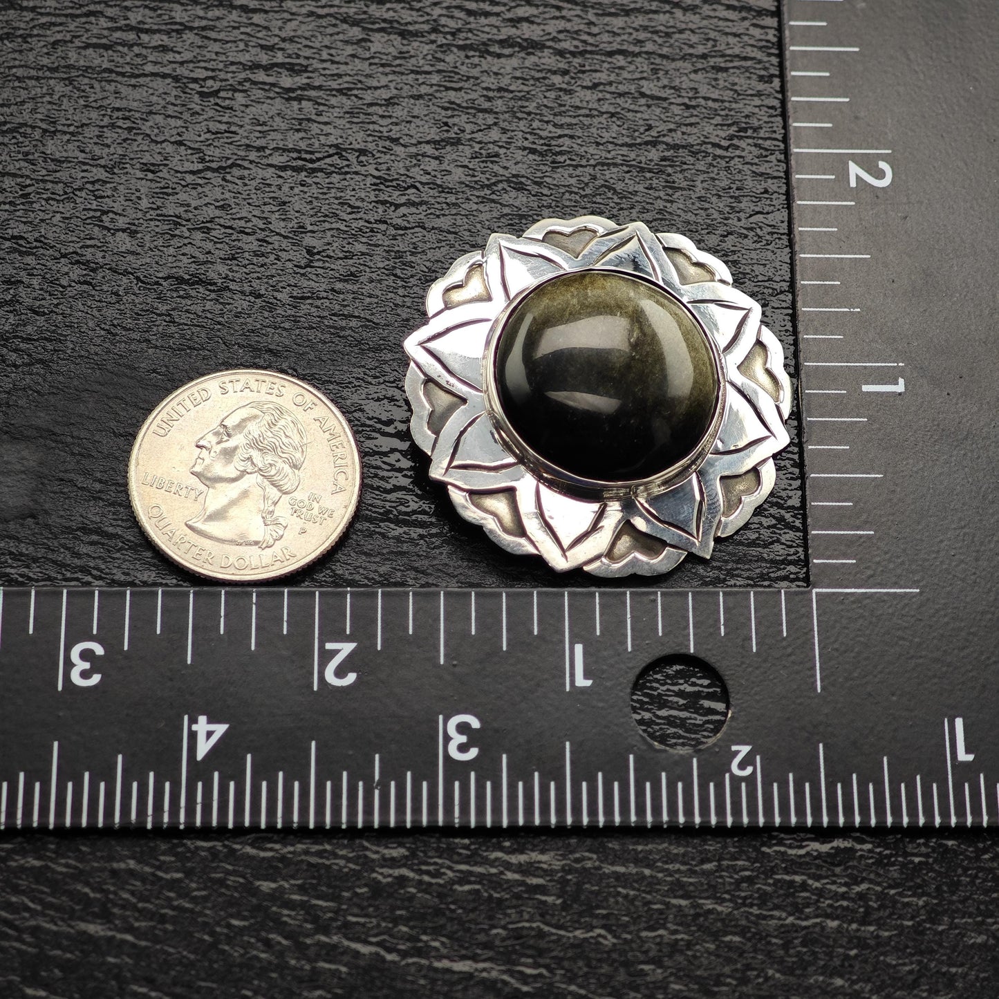 Vintage Taxco, Golden Sheen Obsidian Floral Pendant/Brooch Sterling Silver