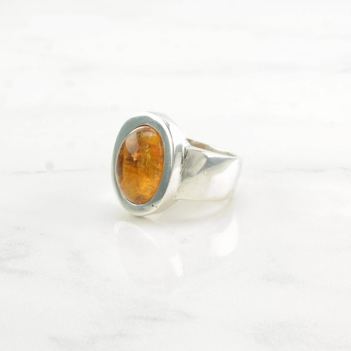 Sterling Silver Ring Baltic Amber Wide Band Orange Size 7 1/2