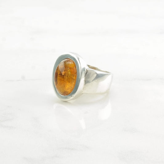 Sterling Silver Ring Baltic Amber Wide Band Orange Size 7 1/2