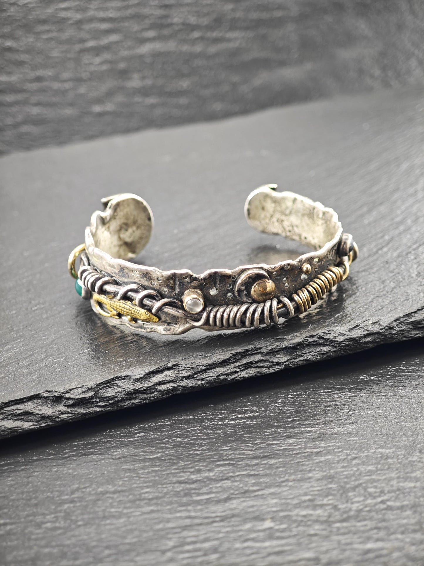Brutalist Alligator, Moonstone, Onyx 14K Gold Accents Cuff Bracelet Sterling Silver
