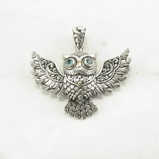 18K Gold Accents, Blue Topaz Owl Sterling Silver Pendant