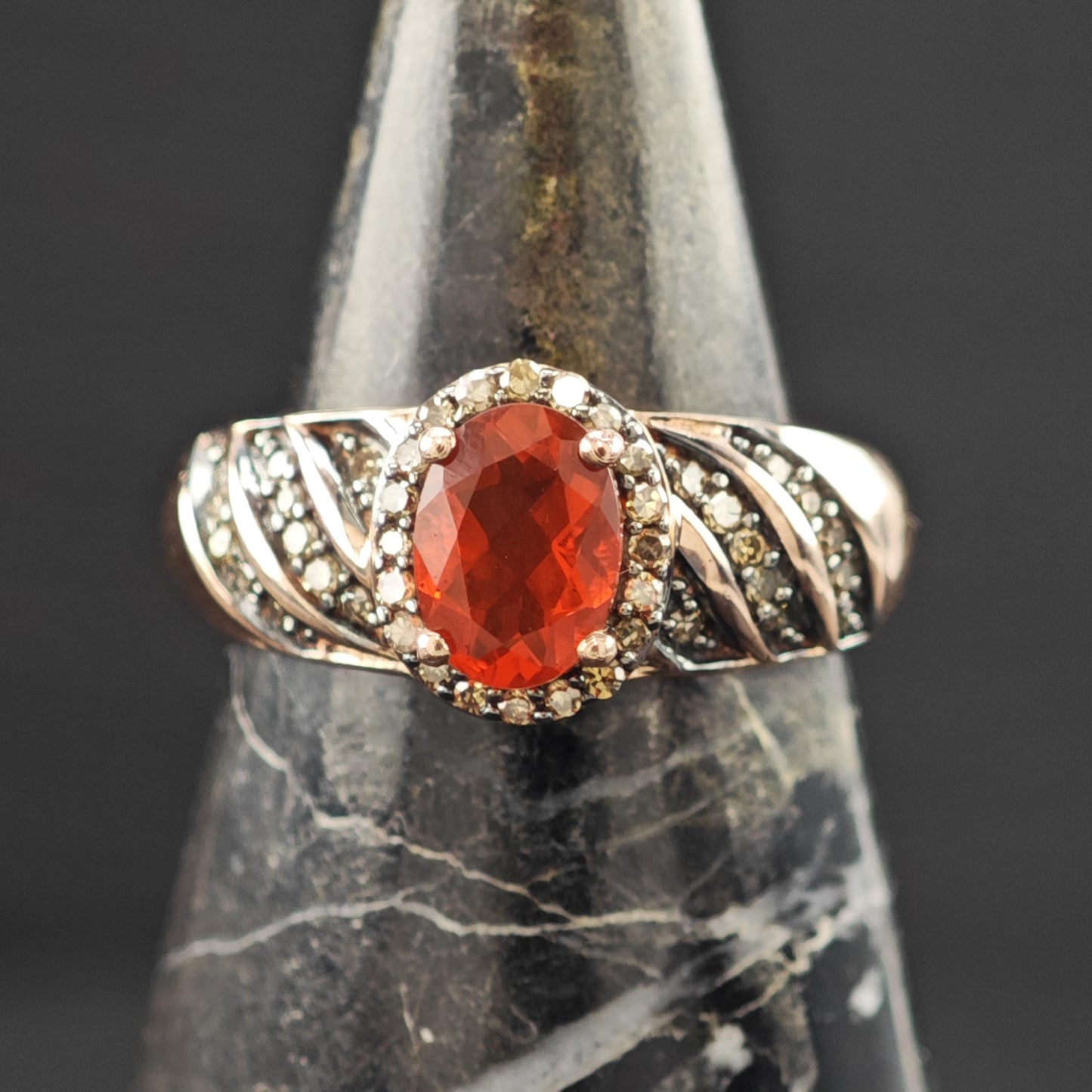 Fire Opal Brown Diamond 14K Rose Gold Plated Ring Sterling Silver Sz 5 R6170