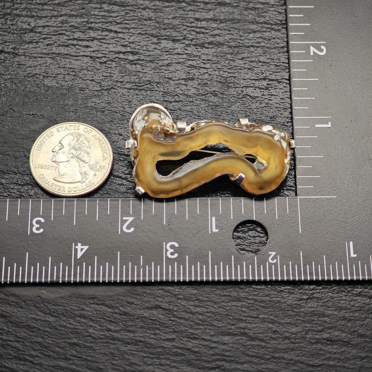 Vintage Tan Clear, Abstract Agate Brooch Sterling Silver