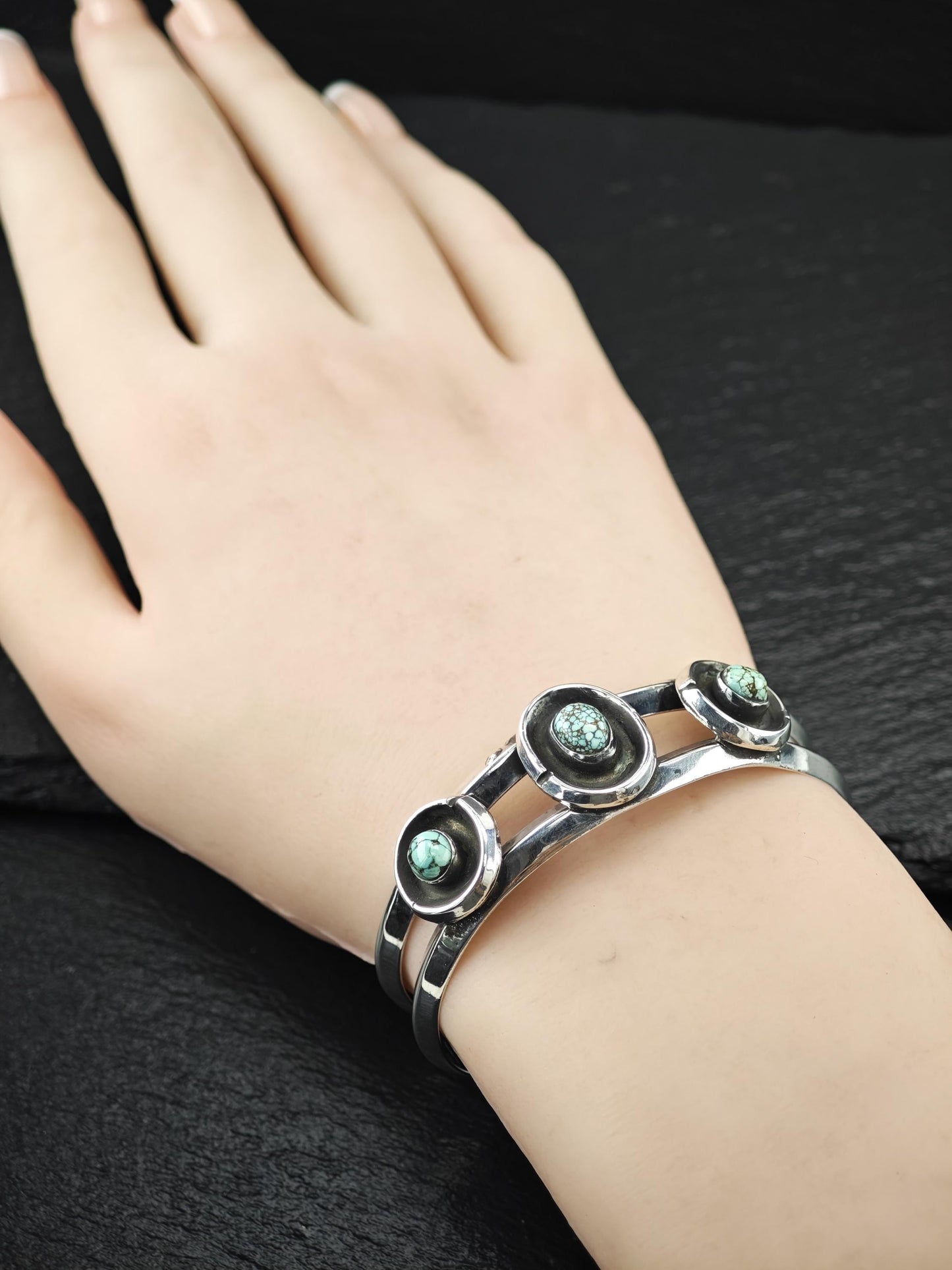 Native American Number Eight Turquoise, Shadow Box Cuff Bracelet Sterling Silver
