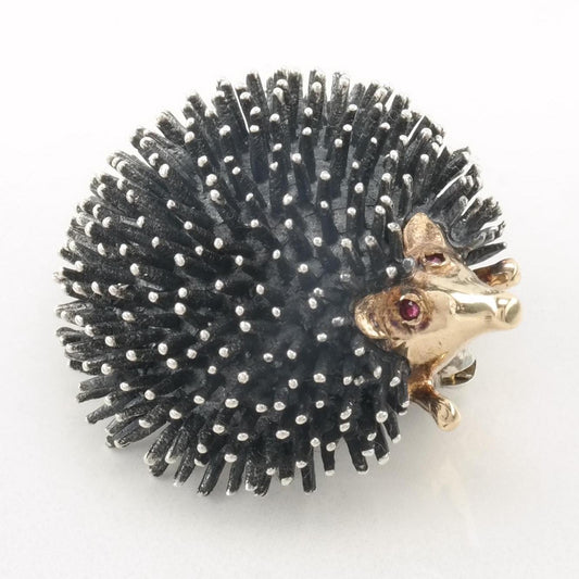 WE, Signed 14k Gold Accent Sterling Silver Ruby Hedgehog Brooch