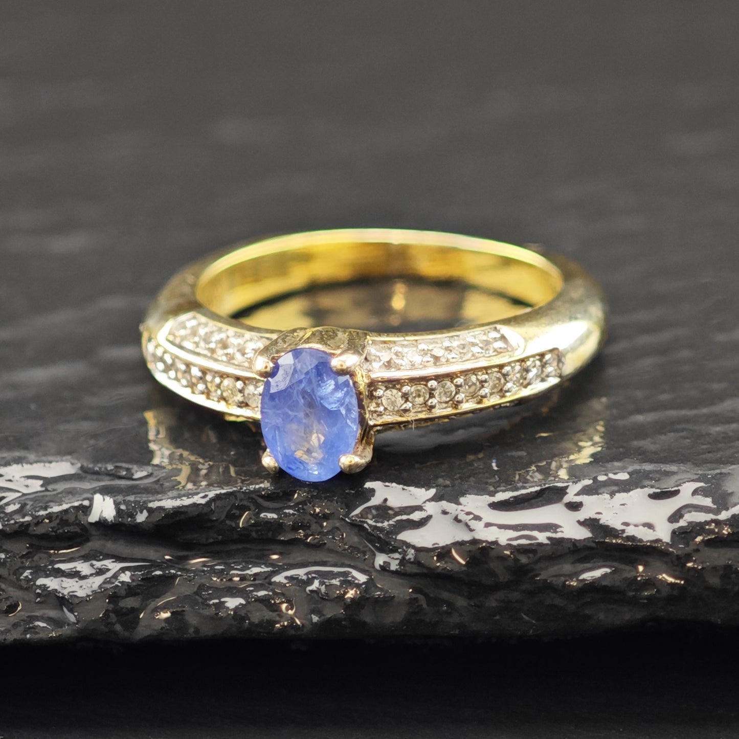 Natural Blue Sapphire 14K Gold Plated Ring Sterling Silver Sz 5 R6163