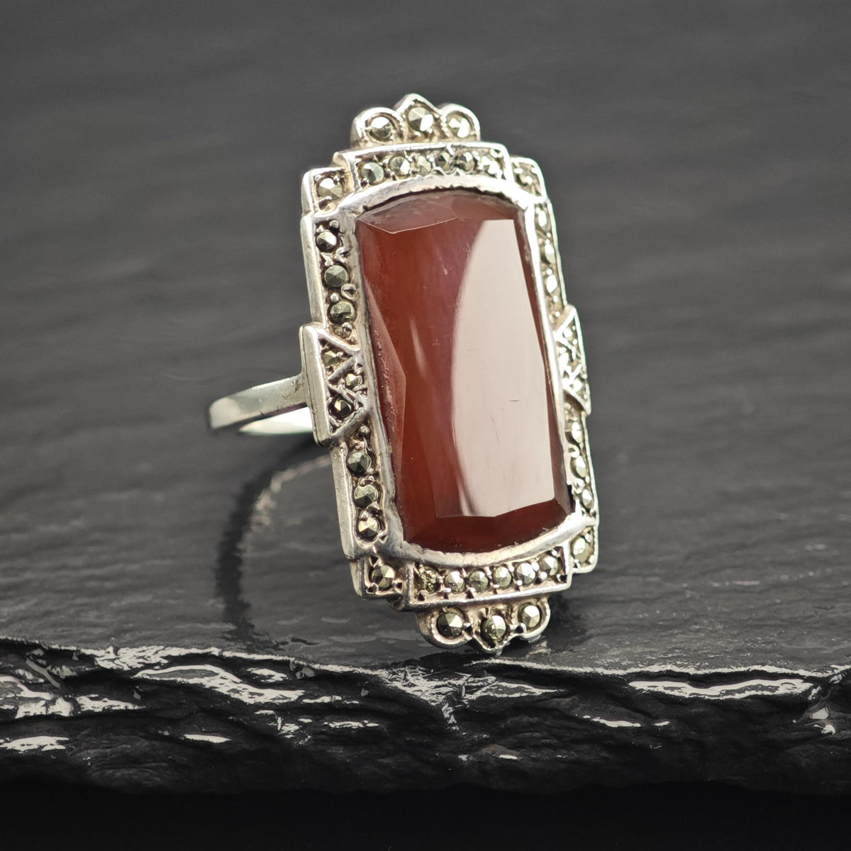 Art Deco Carnelian Sterling Silver Ring Sz 5 3/4 R6755