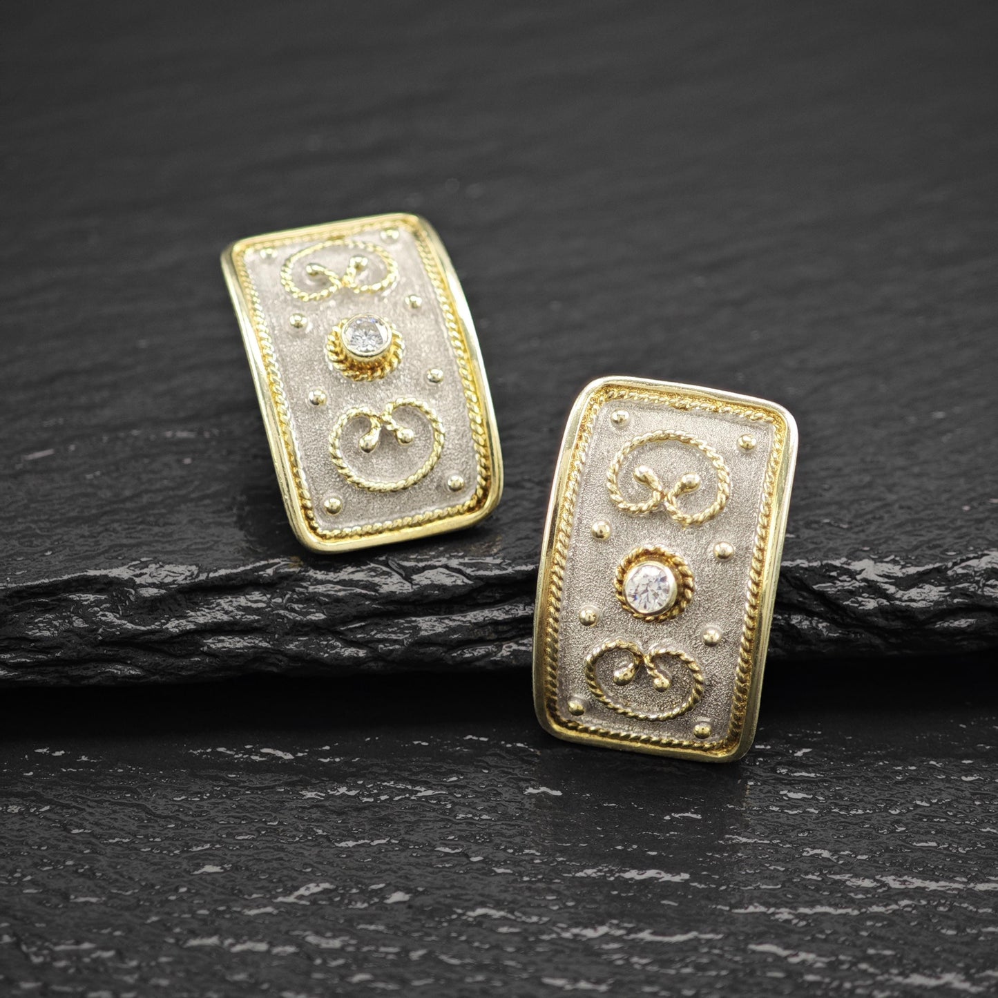 Vintage Greek Rectangular White, Gold CZ Stud Earrings Sterling Silver