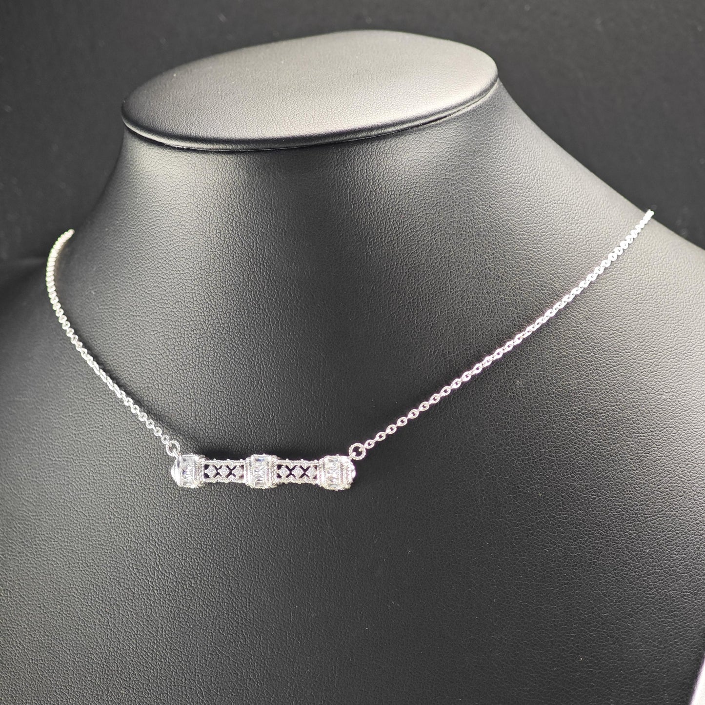Vintage Judith Ripka DQCZ Bar Necklace Sterling Silver N2738