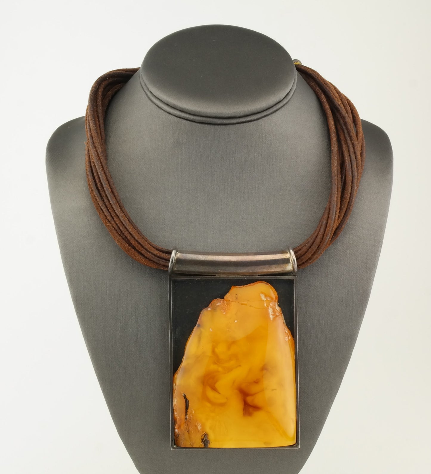 Modernist Amber, Leather and Sterling Silver Necklace