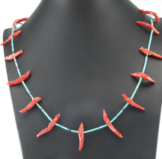 Vintage Zuni Carved Coral, Turquoise Heishi Sterling Silver Fetish Necklace