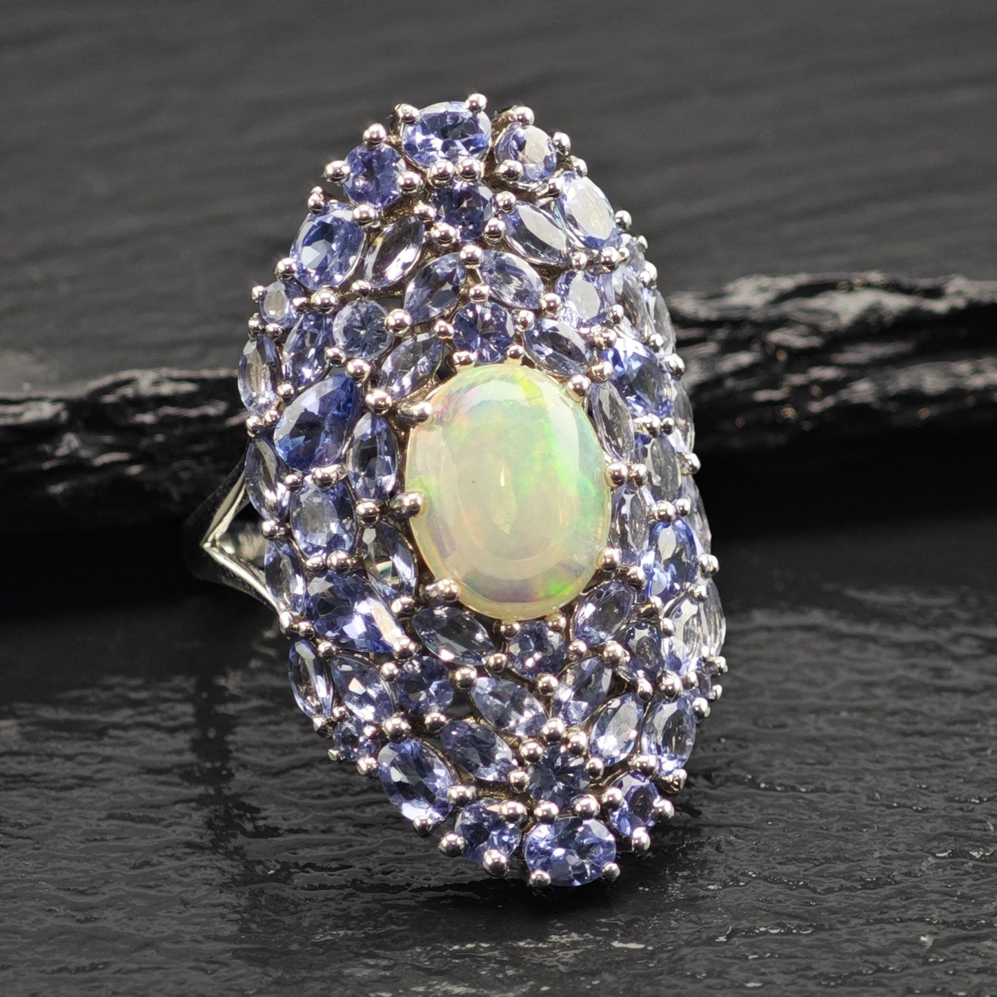 Opal & Tanzanite Cluster Sterling Silver Ring Sz 10 1/4 R6614