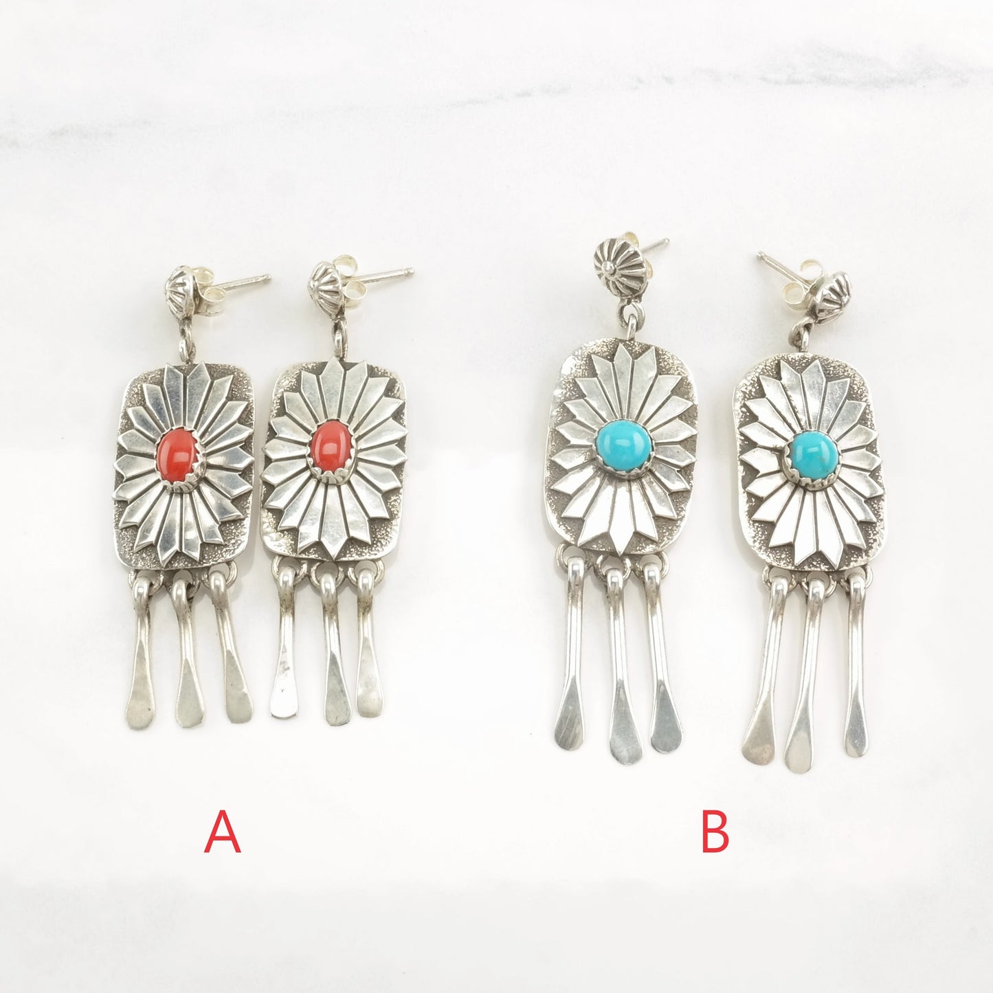 Choice of Navajo Coral, Turquoise Sterling Silver Earrings Stud, Dangle