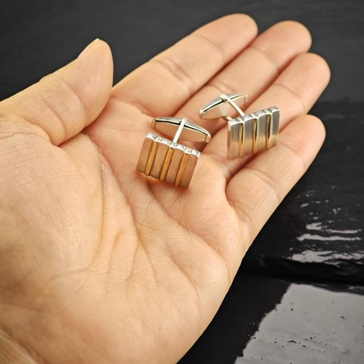 L&M Square 14K Gold Ribbed Accent Sterling Silver Cufflinks MISC0431