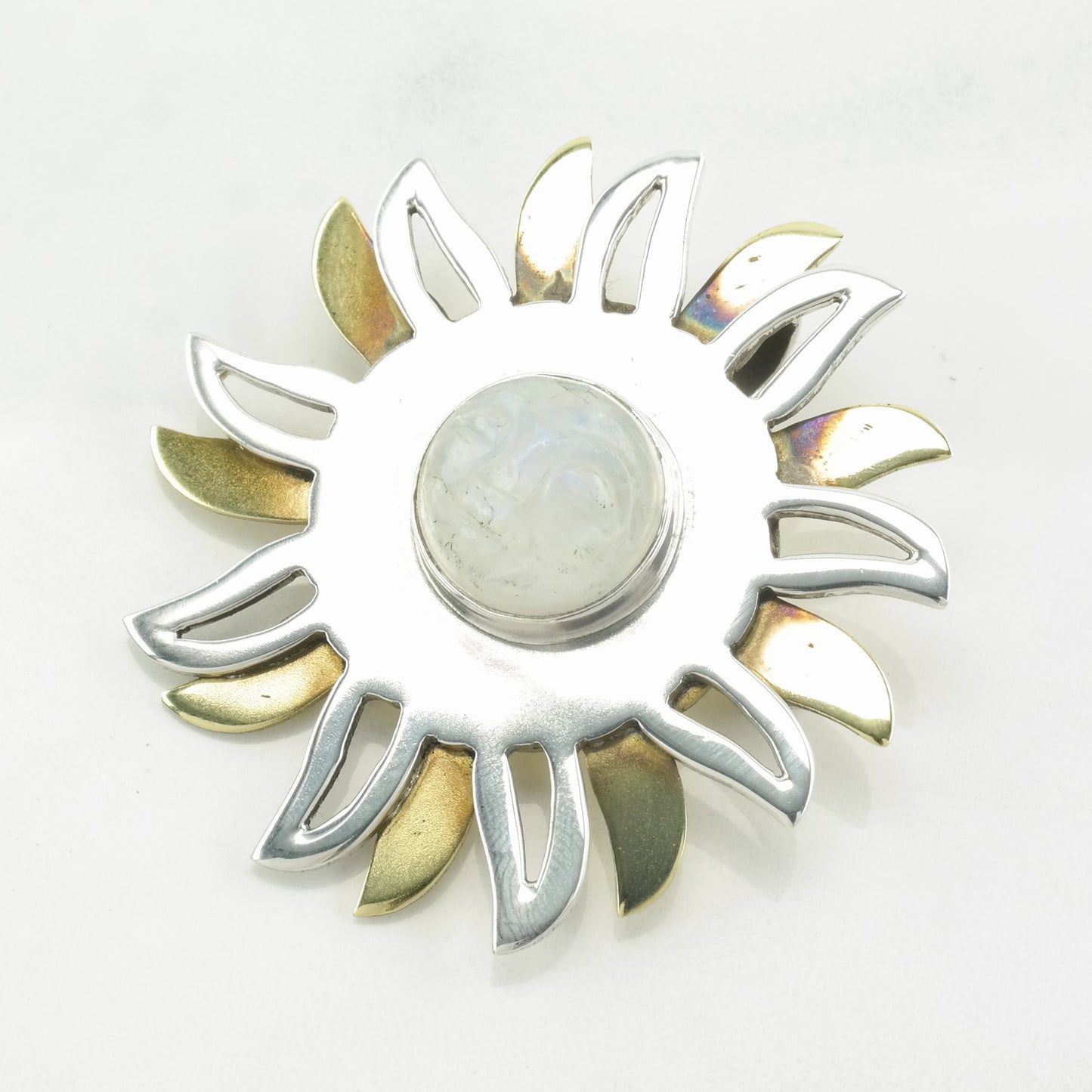 Mexican Sterling Silver Brooch Pendant Two Tone Sun, Carved Moonstone