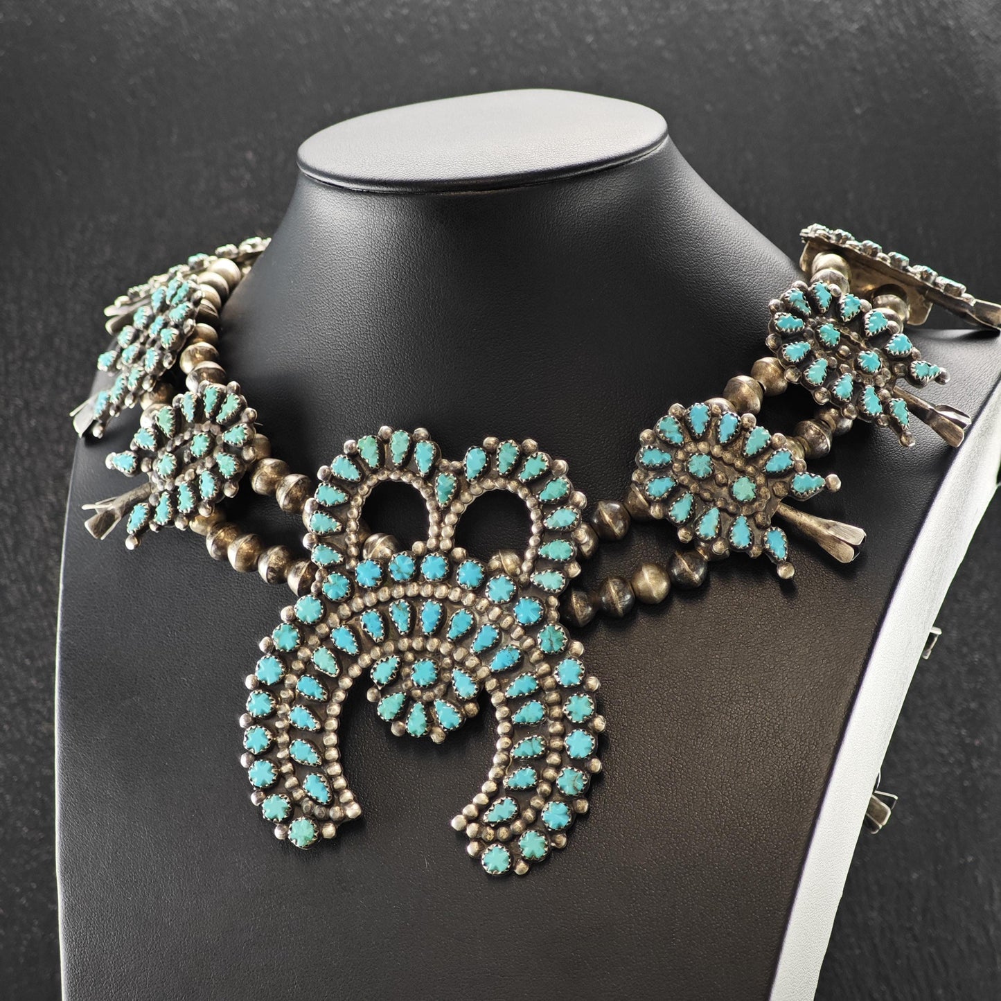 Zuni Carved Turquoise Cluster Squash Blossom Necklace Sterling Silver 30 1/2" N2668