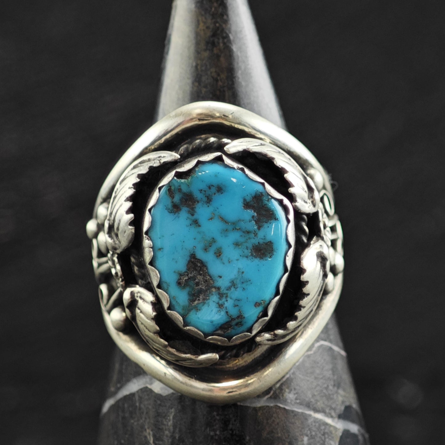Native American Turquoise & Leaf Design Sterling Silver Ring Sz 10 3/4 R6591