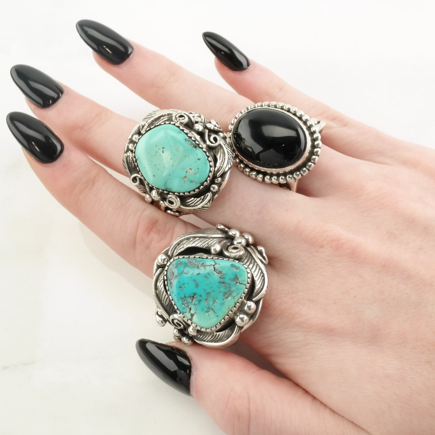 Native American Silver Ring Turquoise Floral Sterling Blue Size 10 3/4