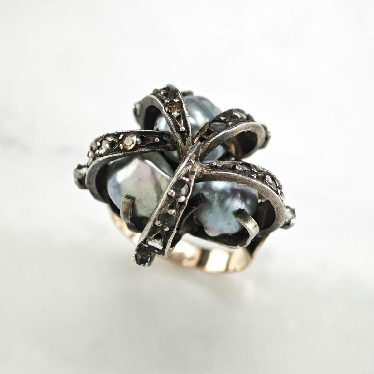 Mid-Century Rosecut Diamond, Pearl 10K Gold & Silver Ring Sz 6 R6775
