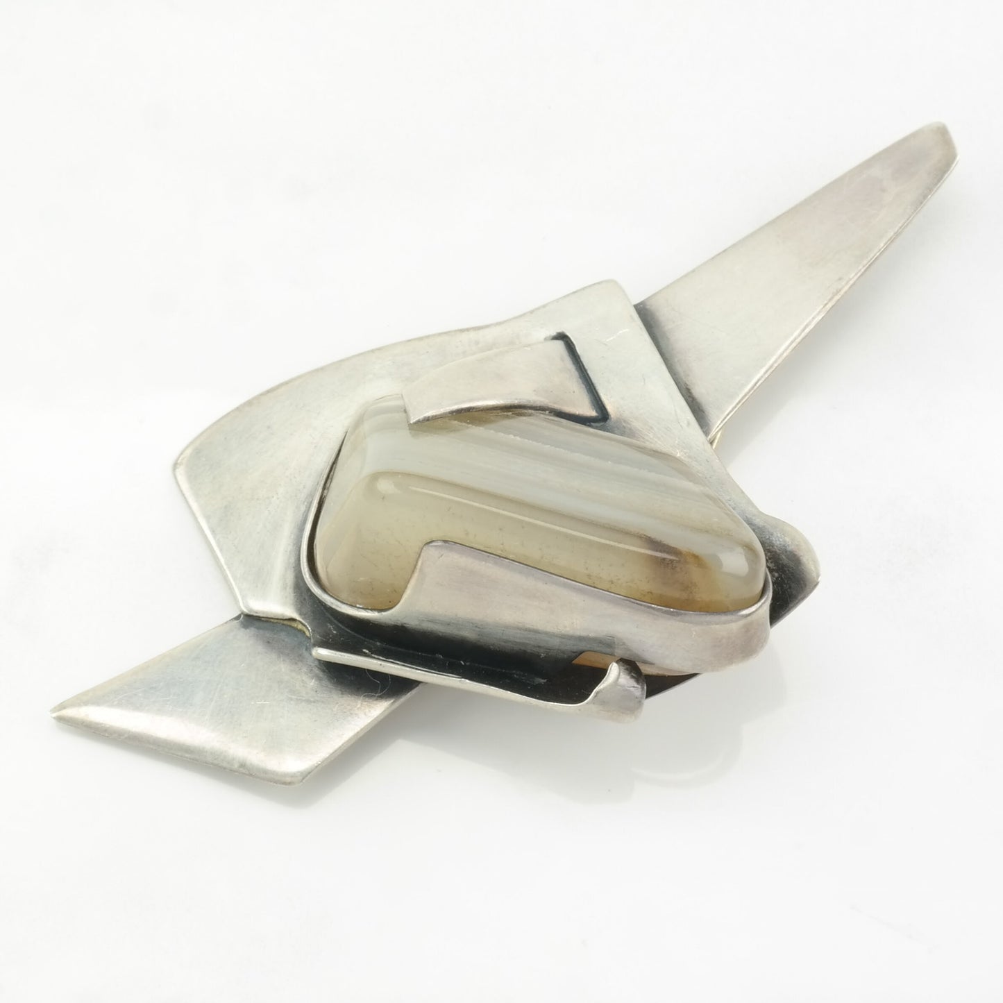 Modernist Sterling Silver Agate Brooch Abstract