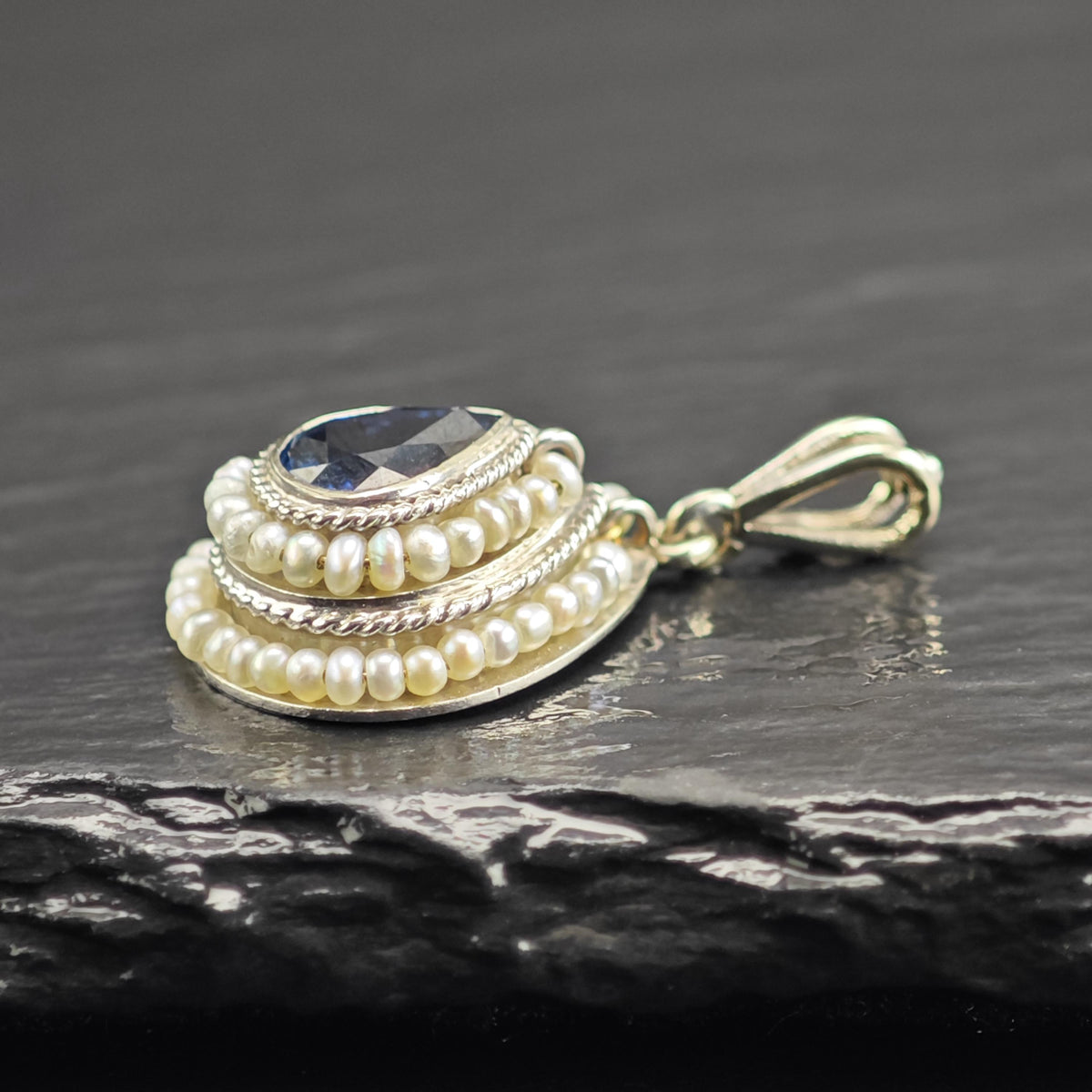 Victorian Natural Sapphire Seed Pearl, 14K White Gold Pendant P3107