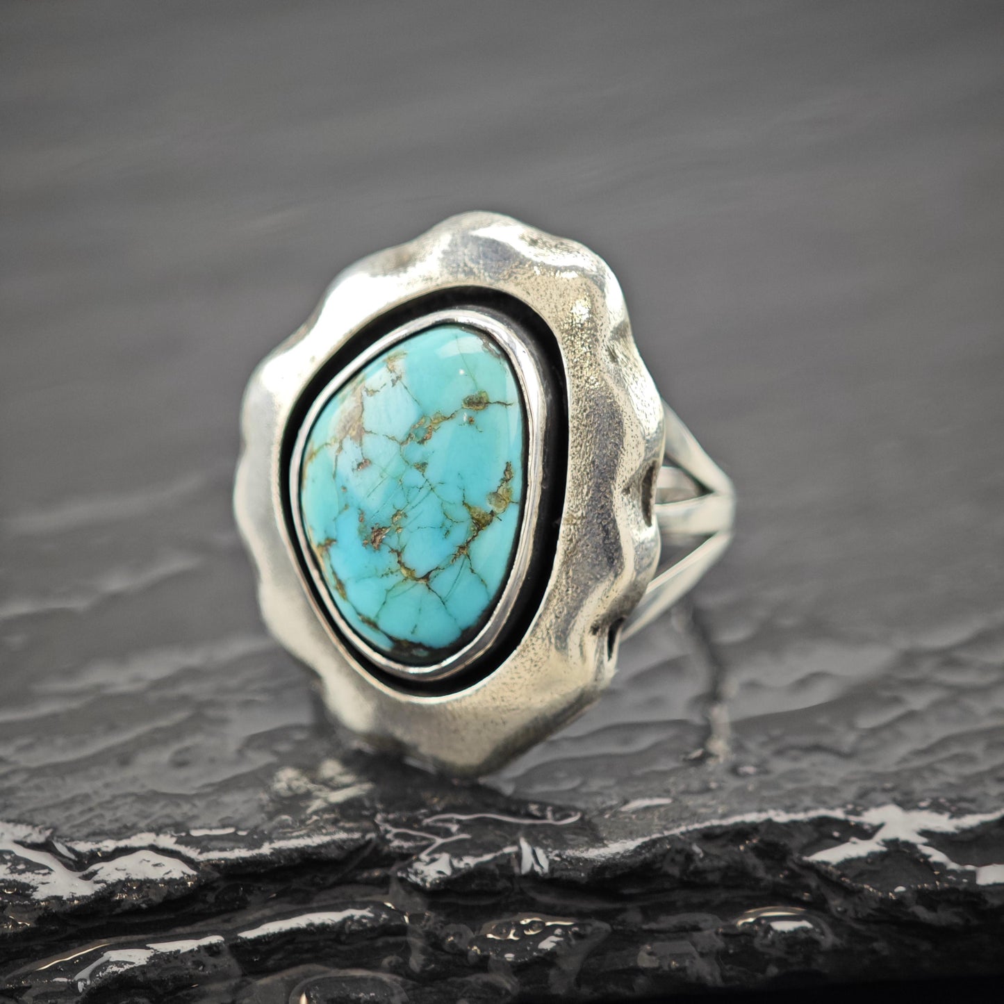 Native American Spiderweb Turquoise Shadowbox Ring Sterling Silver Size 5 3/4