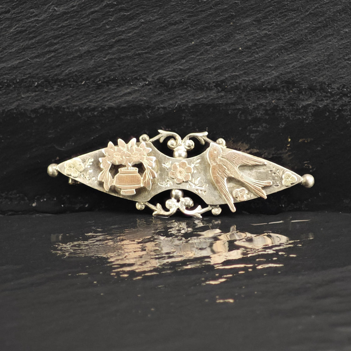 Rose Gold Accent Bird & Flower Brooch Sterling Silver B2243