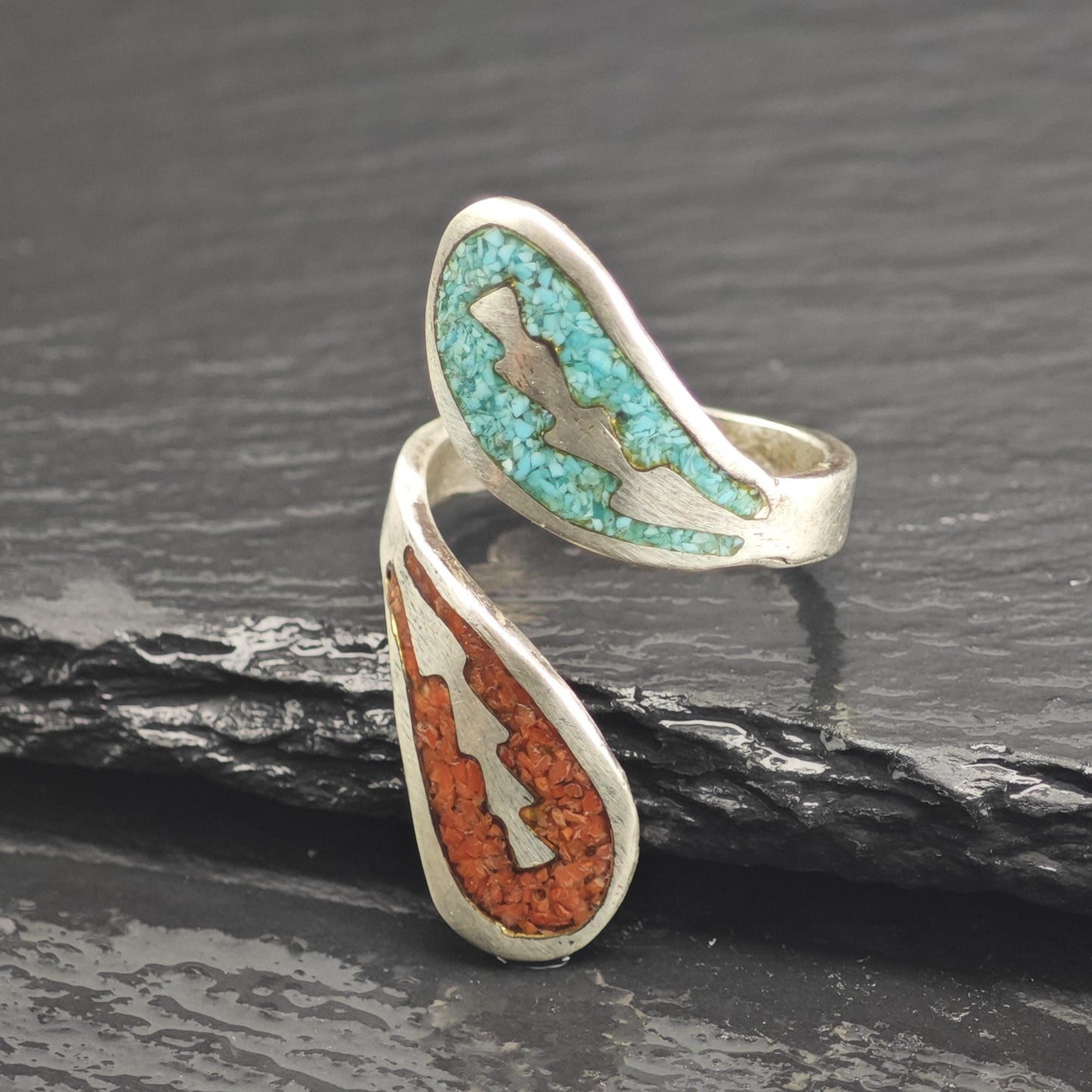 Native American Turquoise & Coral Inlay Bypass Sterling Silver Ring Sz 8 1/2 R6658
