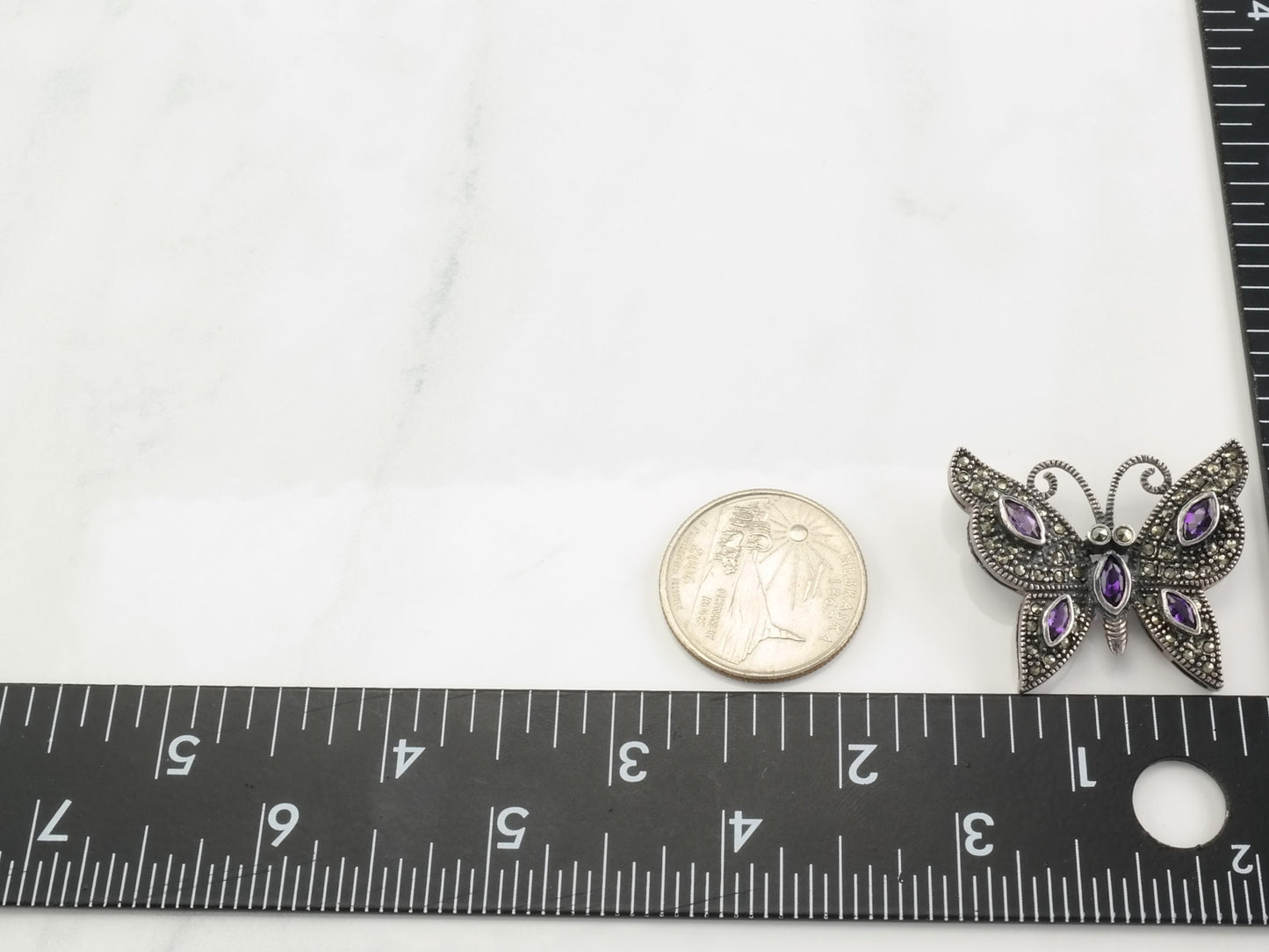 Art Deco Brooch Butterfly Amethyst Marcasite Sterling Silver