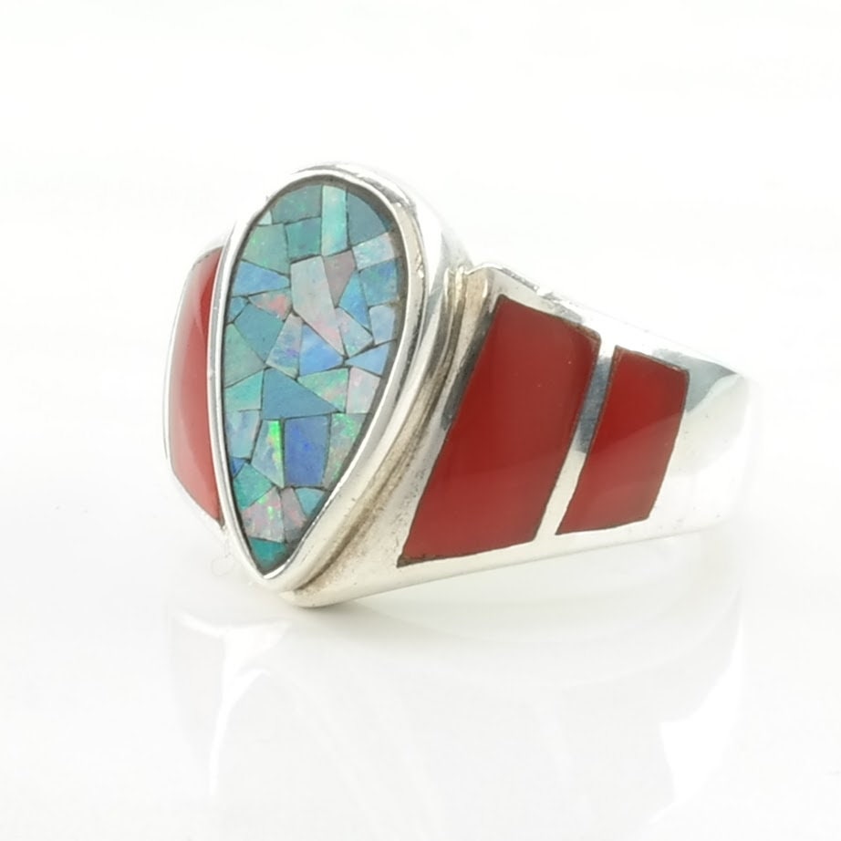 Sterling Silver Ring Opal Mosaic Inlay Size 7 1/4