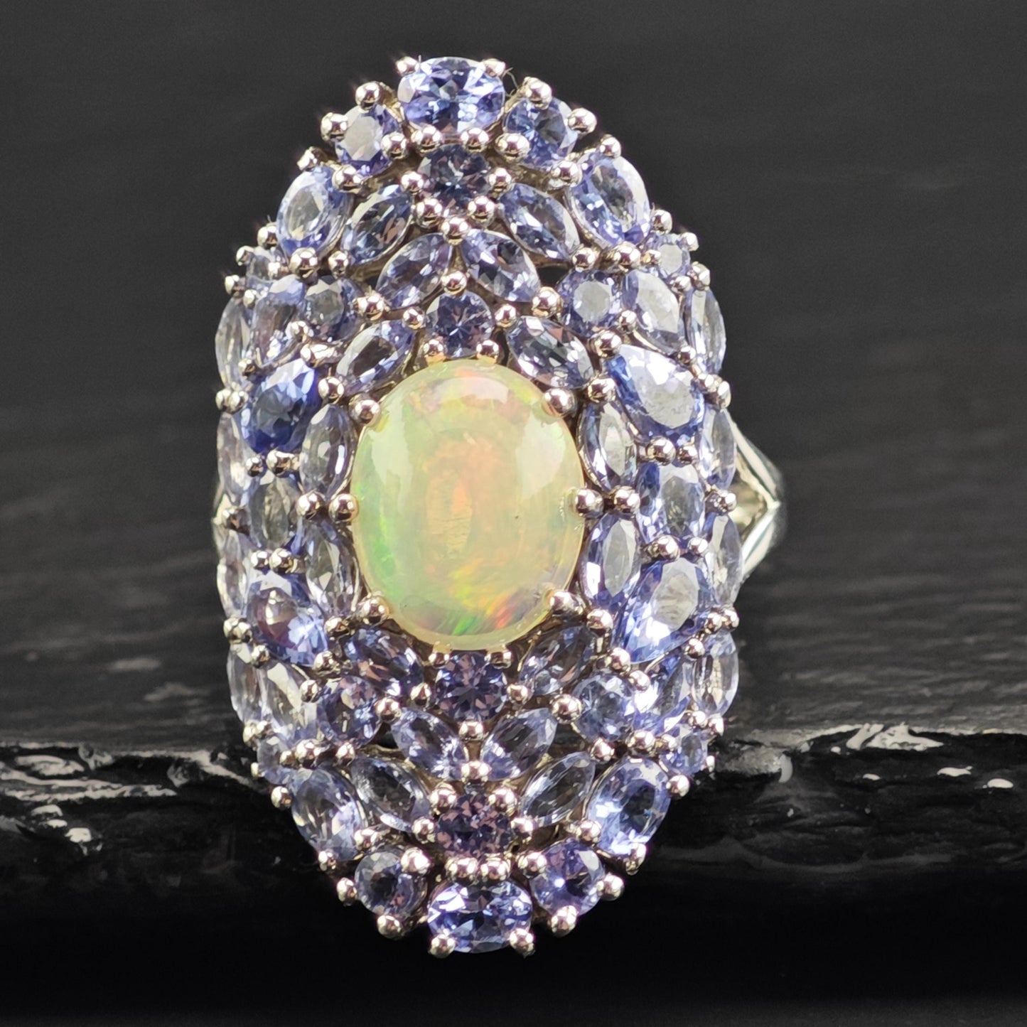 Opal & Tanzanite Cluster Sterling Silver Ring Sz 10 1/4 R6614