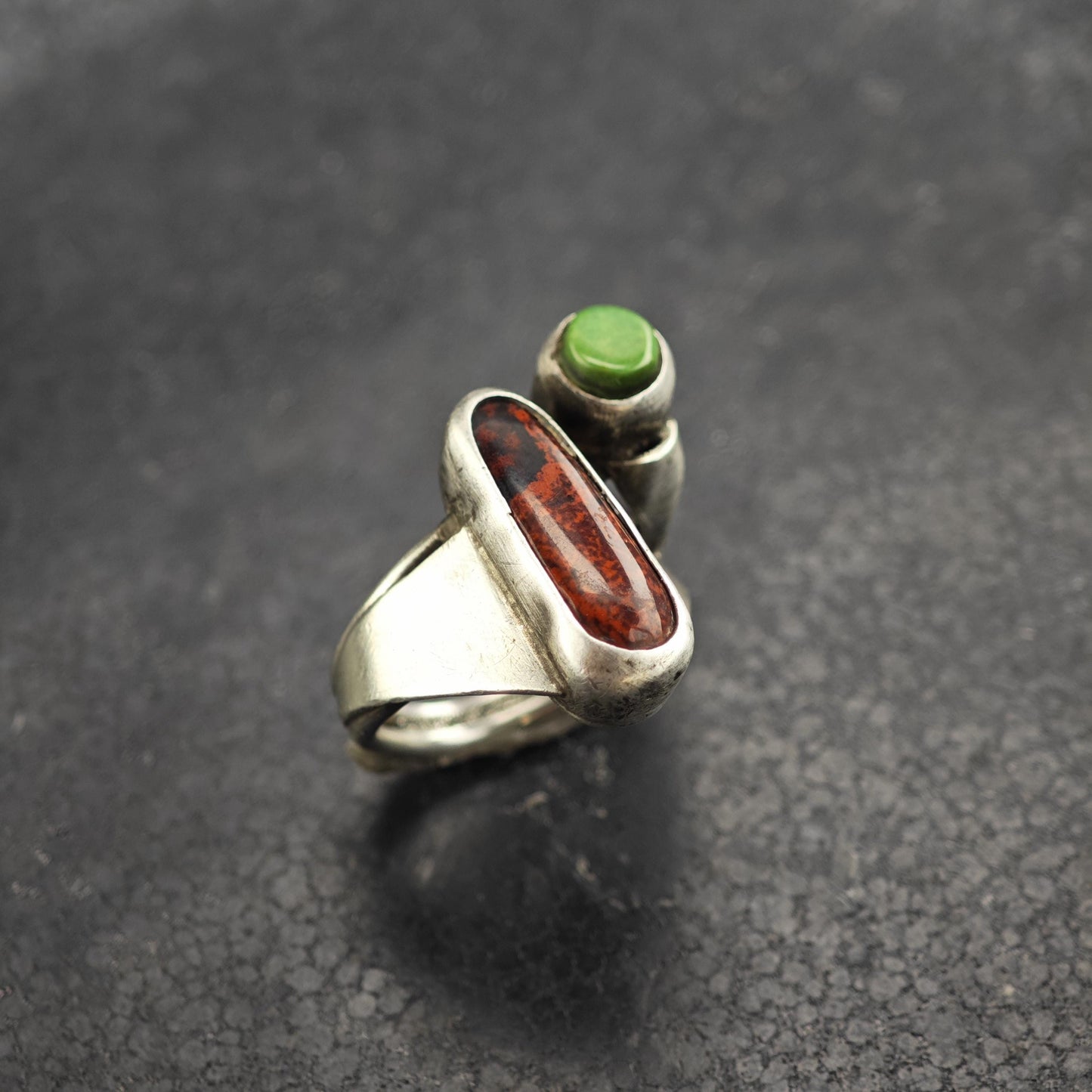 Modernist Brown Gemstone & Turquoise Sterling Silver Ring Sz 5 1/2 R6605