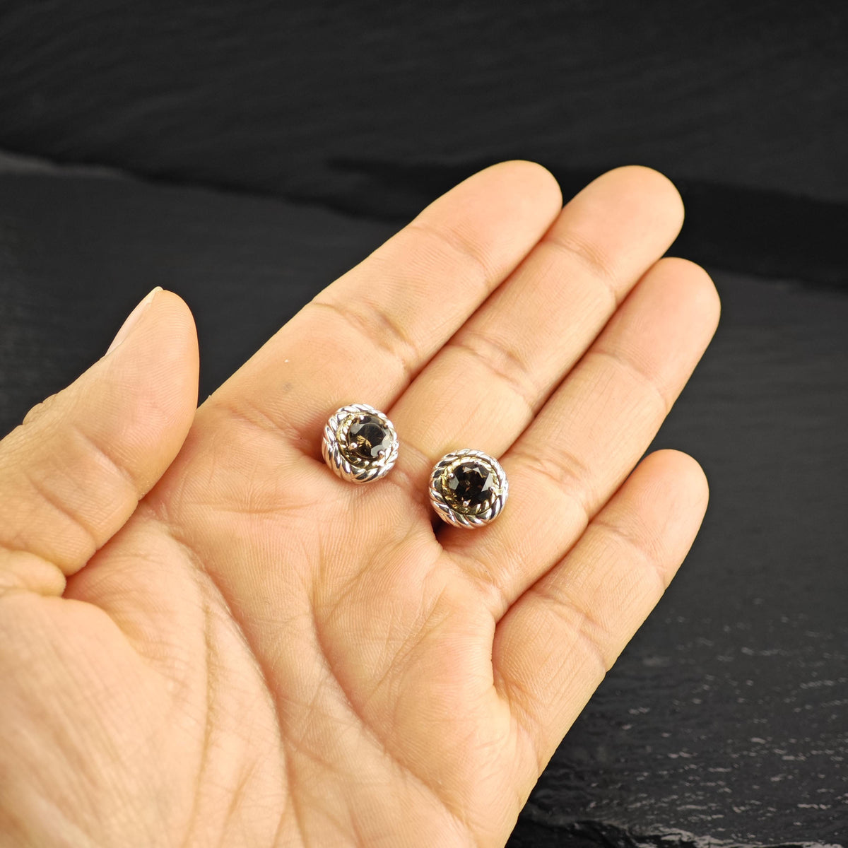Vintage Designer Smoky Quartz 14k Bezel Stud Sterling Silver Earrings ER3230