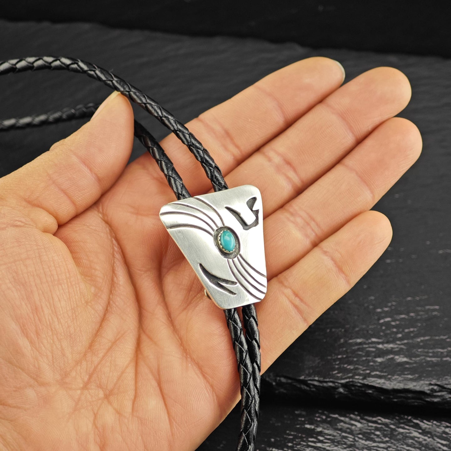 Vintage Native American Sterling Silver Turquoise Overlay Bolo Tie Necklace N2741