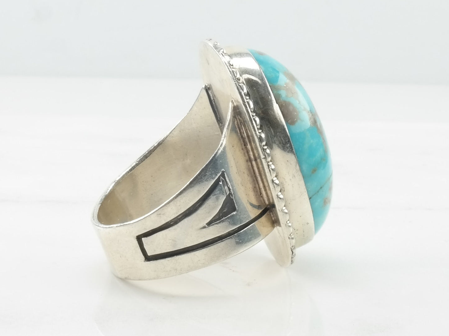 Vintage Navajo Sterling Silver Ring Turquoise Oval Blue Size 14 1/4