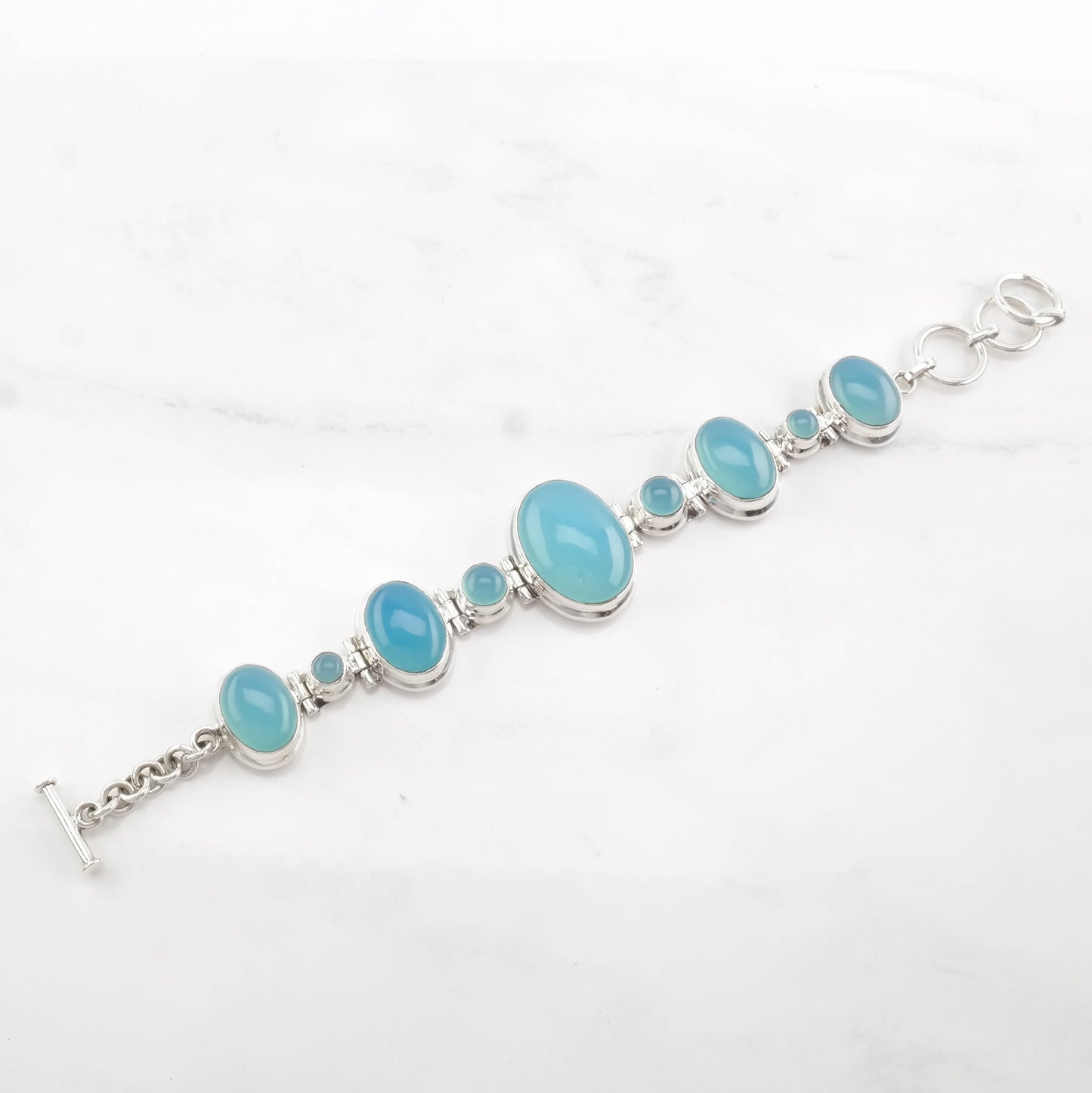 Vintage Blue Gem Silica Bracelet Sterling Silver Link Chalcedony Toggle Clasp