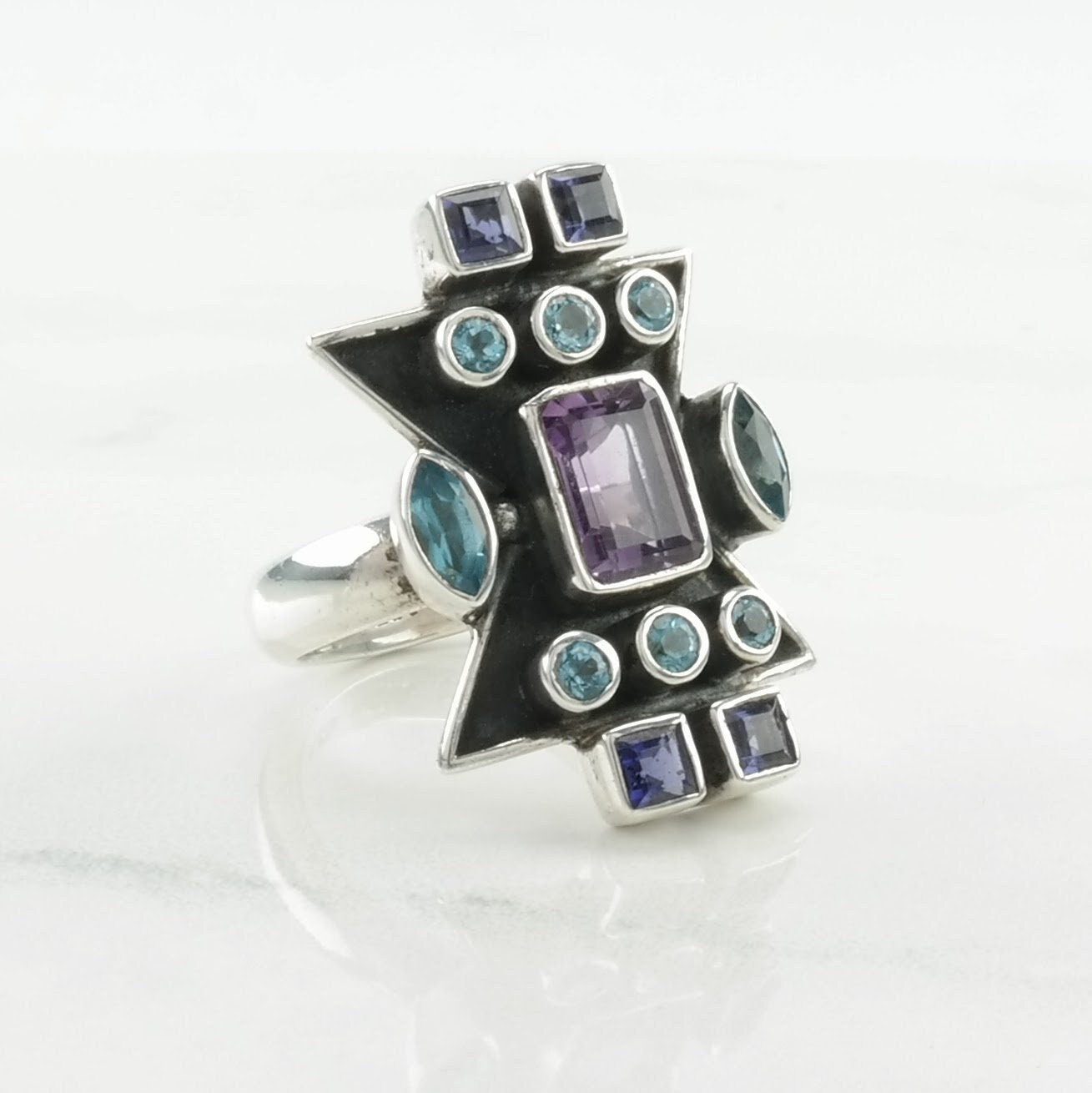 Nicky Butler Silver Ring Amethyst, Topaz Cluster, Geometric Sterling Blue, Purple Size 7