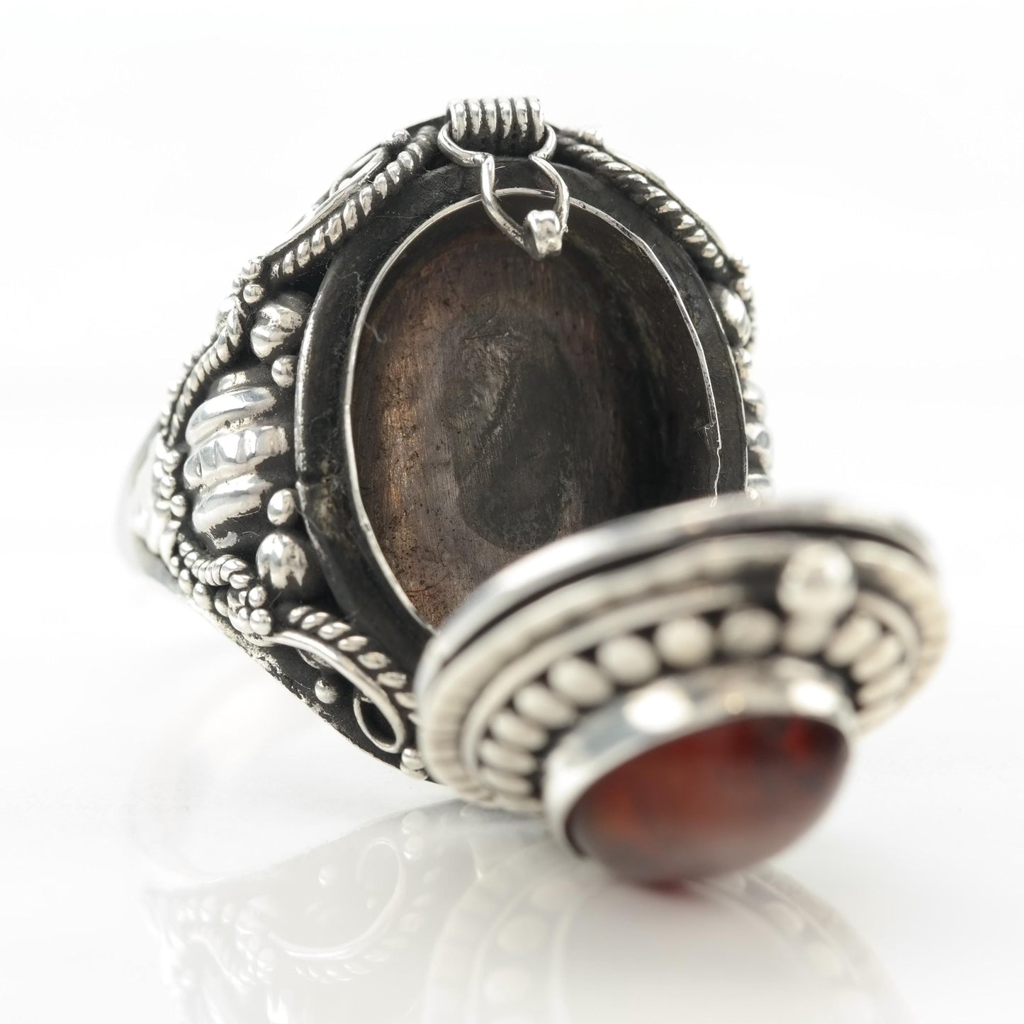 Vintage Amber Poison Ring, Sterling Silver Size 7 1/4