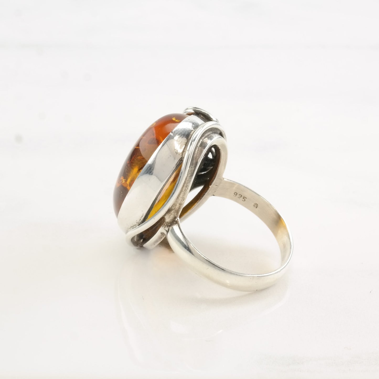 European Silver Ring Amber Oval Swirl Sterling Size 8