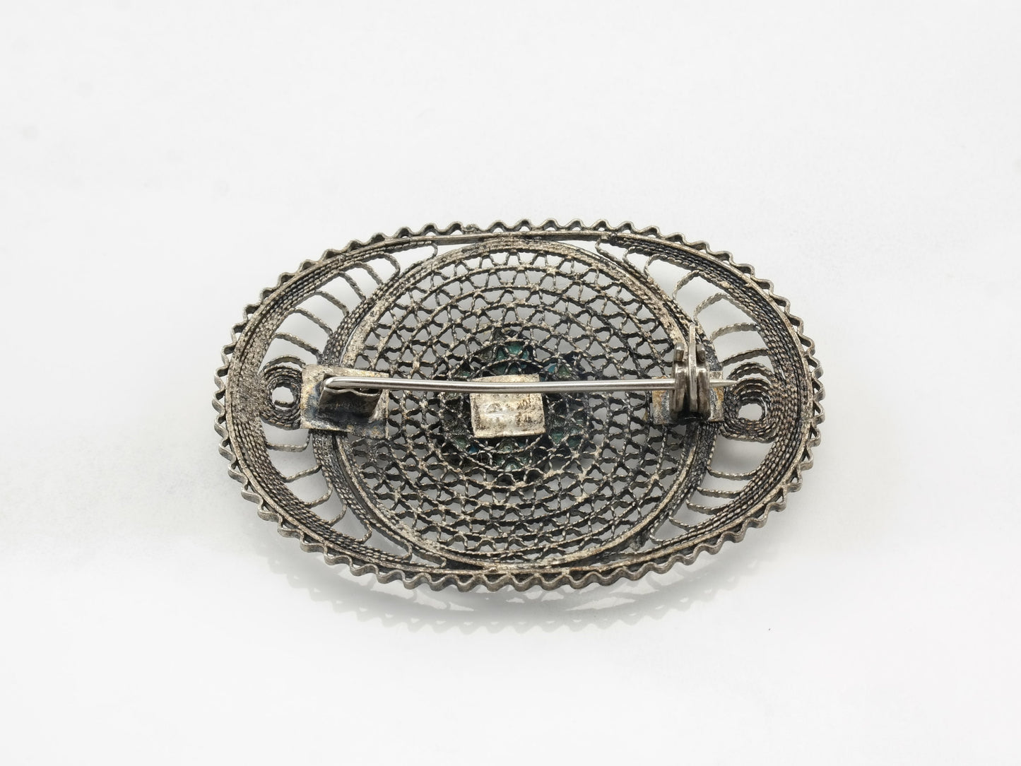 Vintage Filigree Turquoise Brooch Sterling Silver