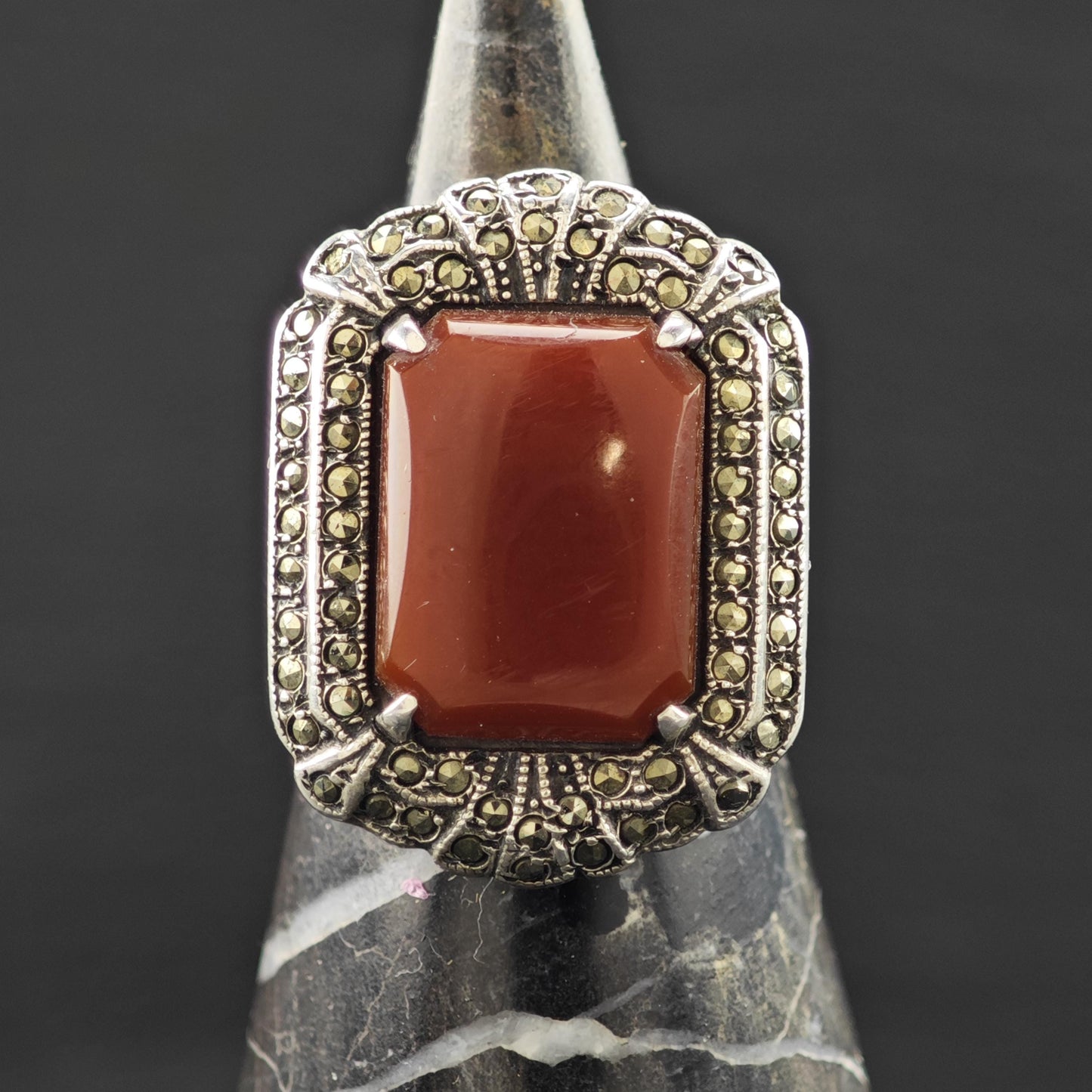 Art Deco Style Carnelian Marcasite Ring Sterling Silver Sz 6 R6253