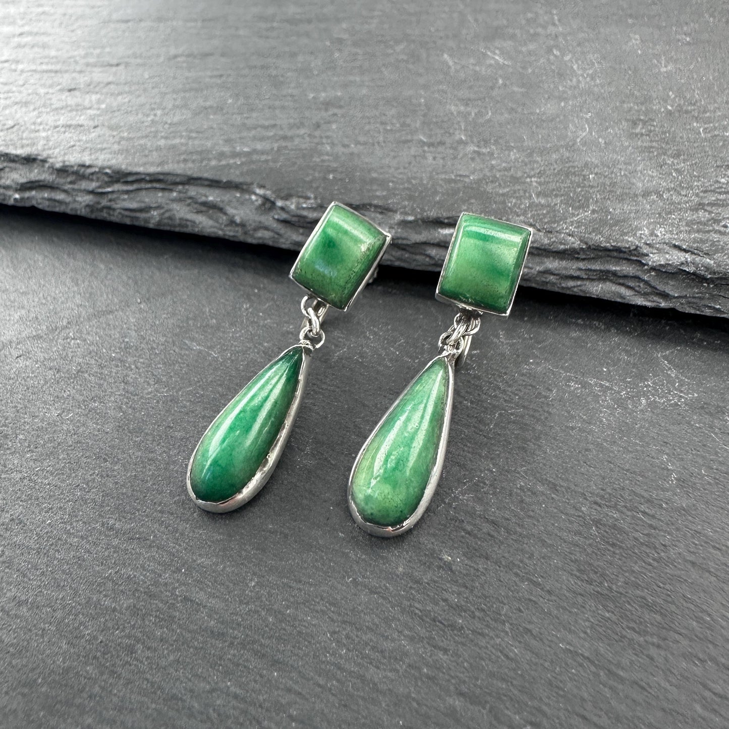 Green Gemstone, Teardrop Screw Back Earrings Sterling Silver
