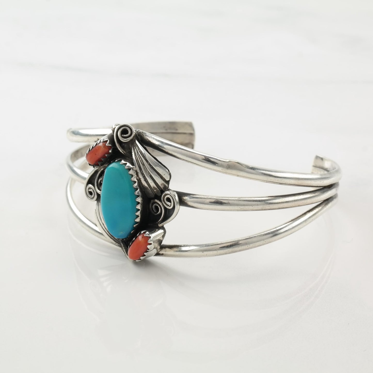 Native American Turquoise, Coral Sterling Silver Cuff Bracelet