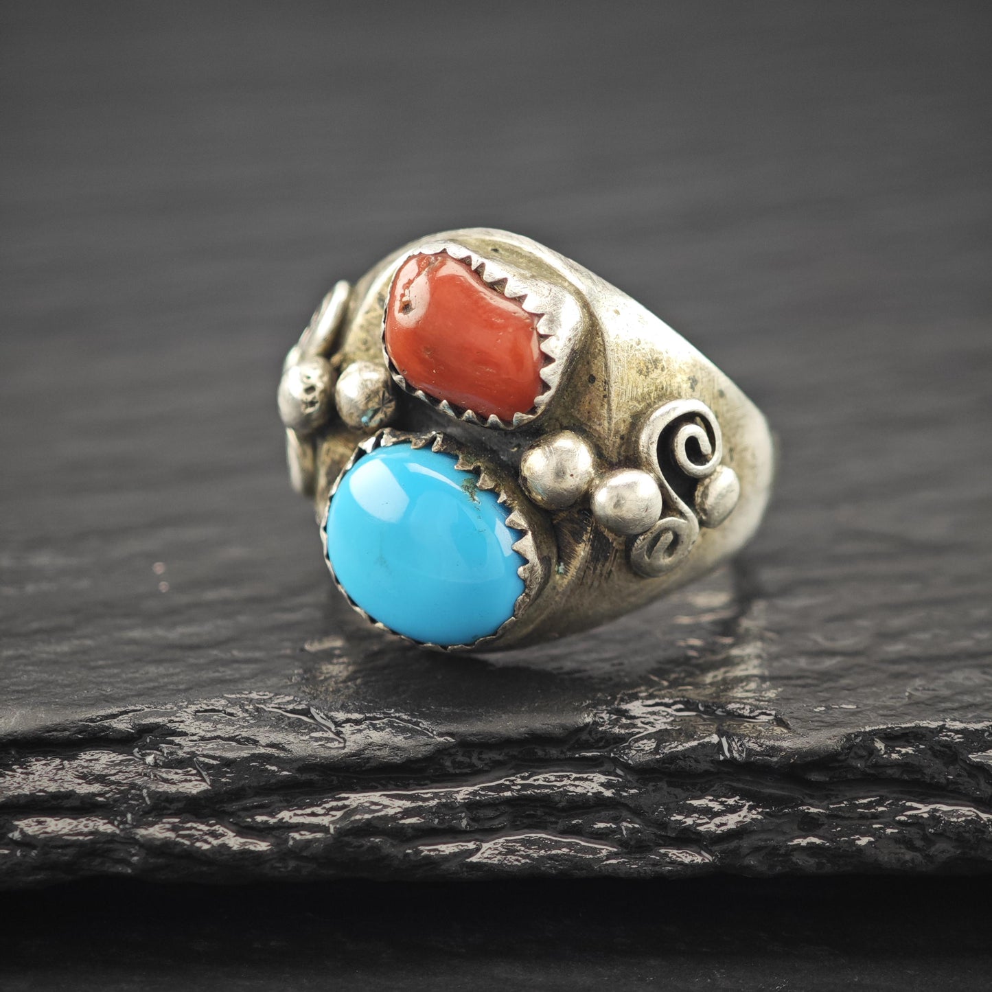 Native American Turquoise, Coral Ring Sterling Silver Size 8 1/2