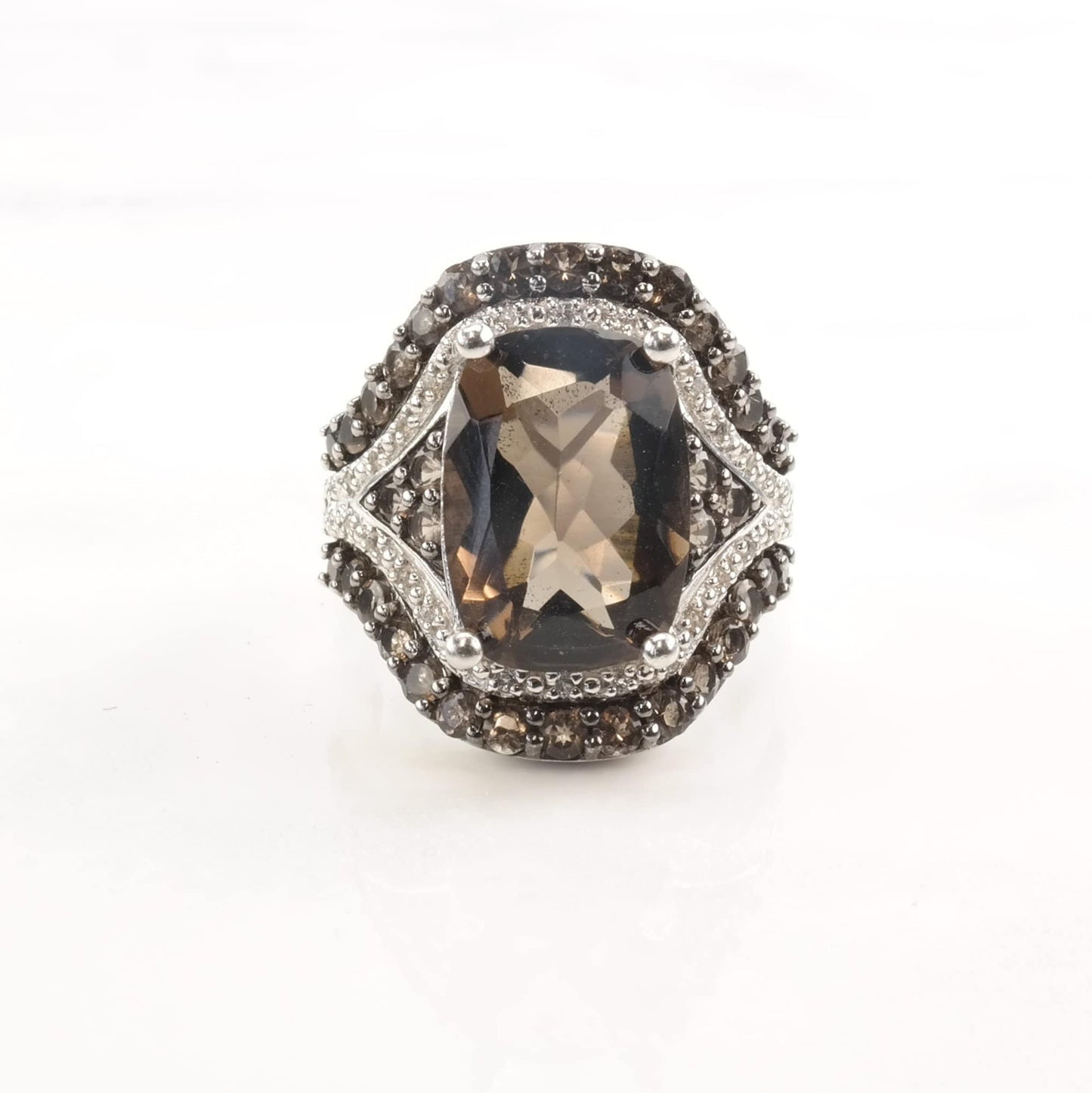 Silver Ring Smoky Quartz Spinel Diamond Accents Size 7