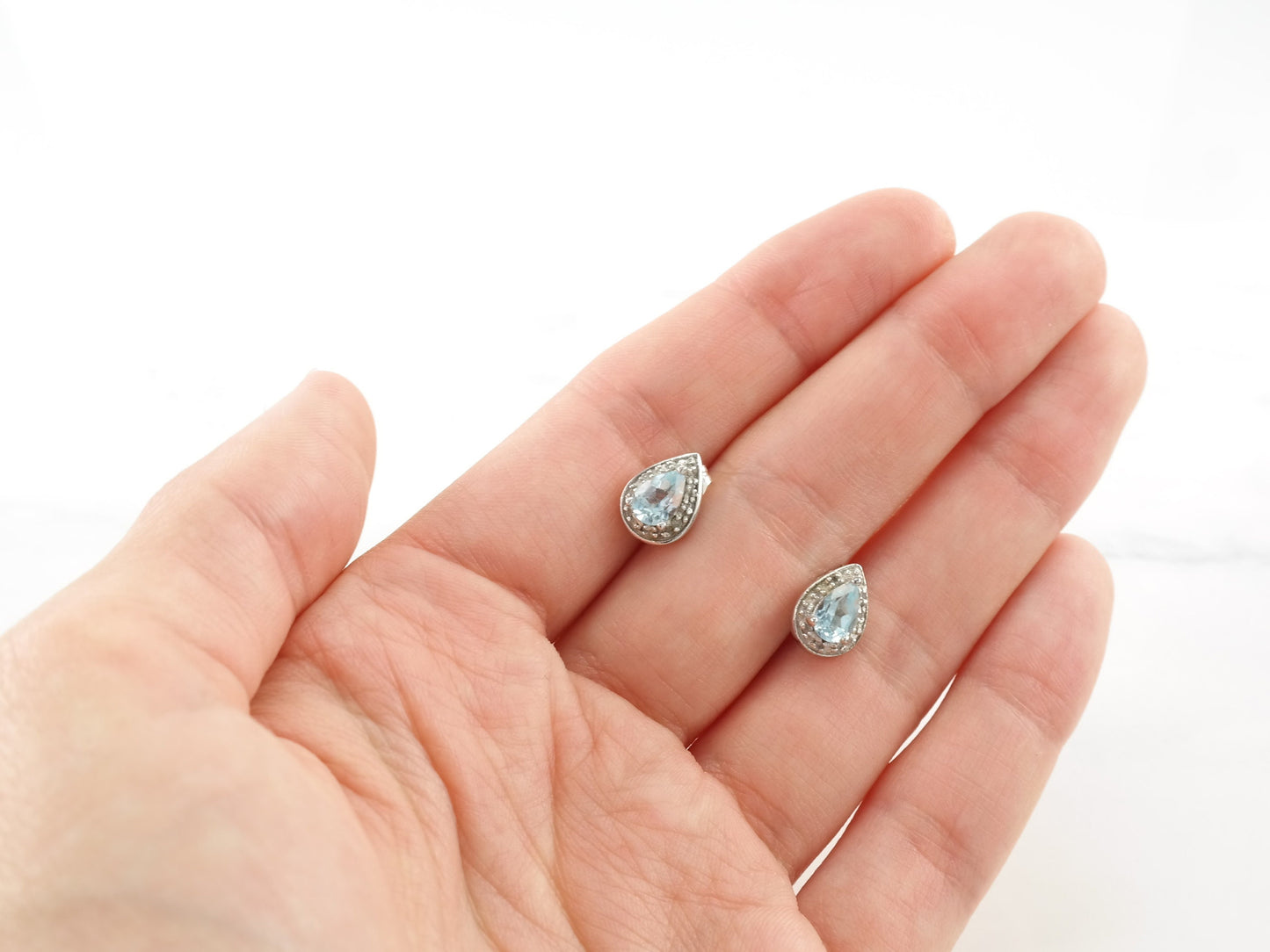 Minimalist Blue Topaz Diamond Teardrop Earrings Sterling Silver