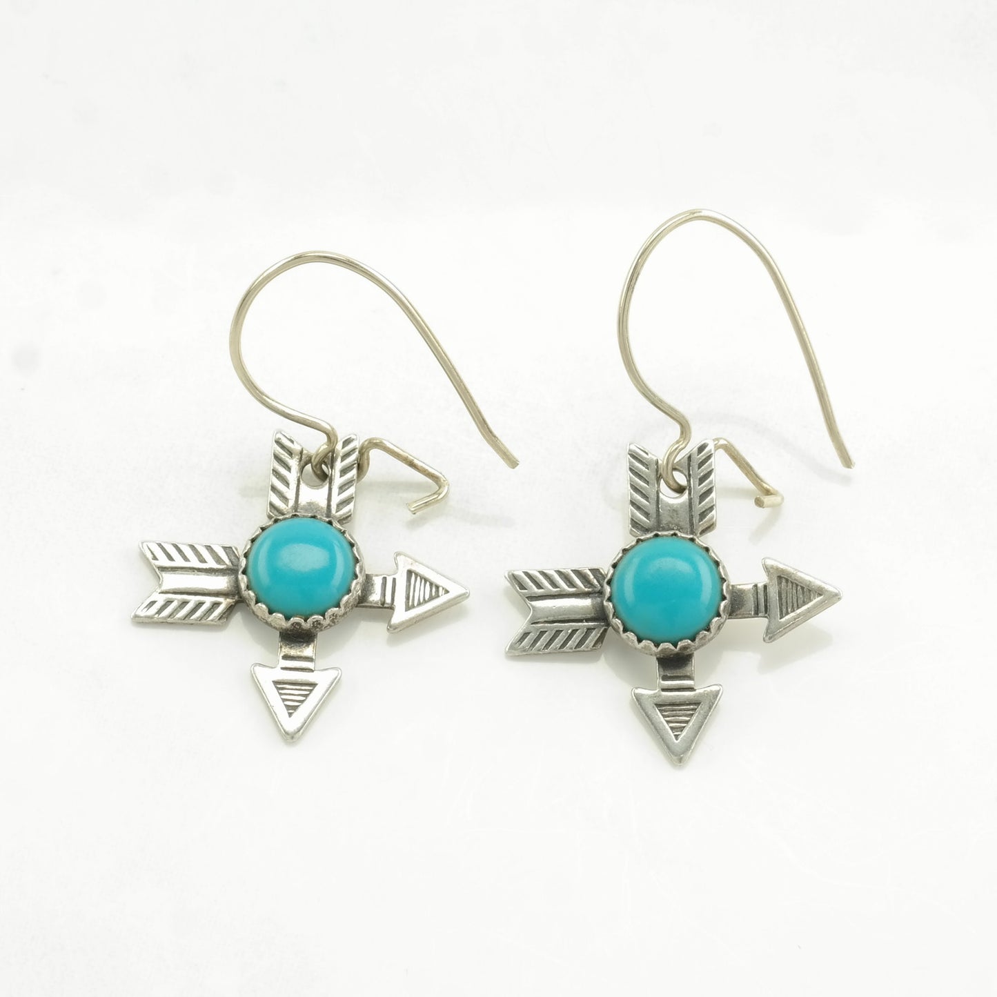 Fred Harvey Era Sterling Silver Blue Block Turquoise Arrow Earrings Fish Hook, Dangle